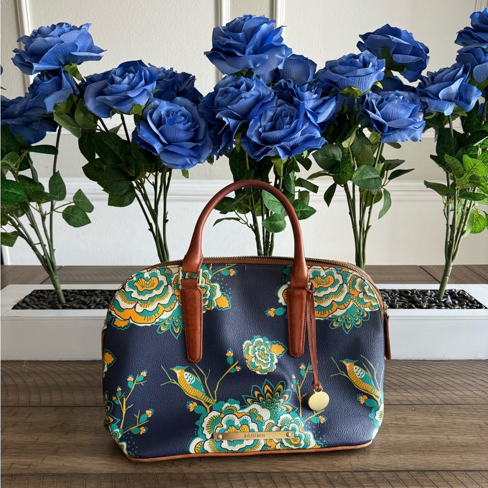 Brahmin Navy Belize Flower Bird Motifs print leather